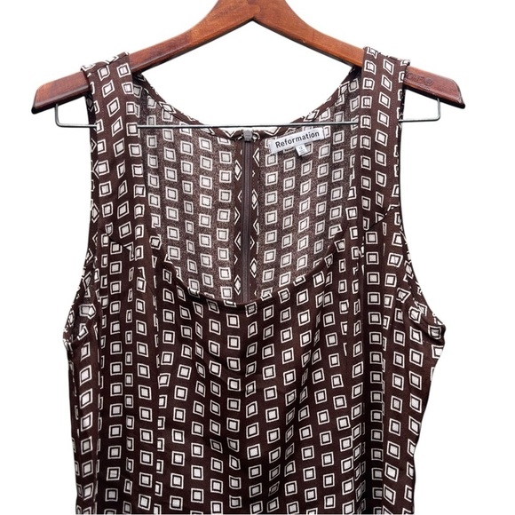 Reformation Noha Geo Print Square Neck Sleeveless Mini Dress In Brown 12 Large - Picture 6 of 10